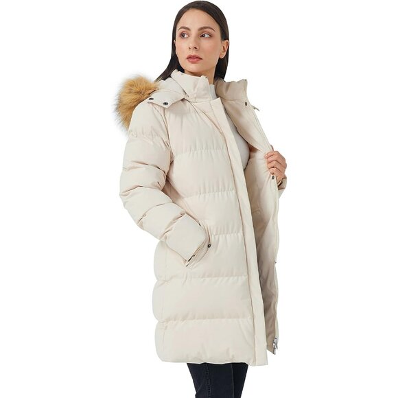 Women's Beige Winter Thicken Puffer Coat Warm Jacket With Removable Hood - Picture 4 of 6